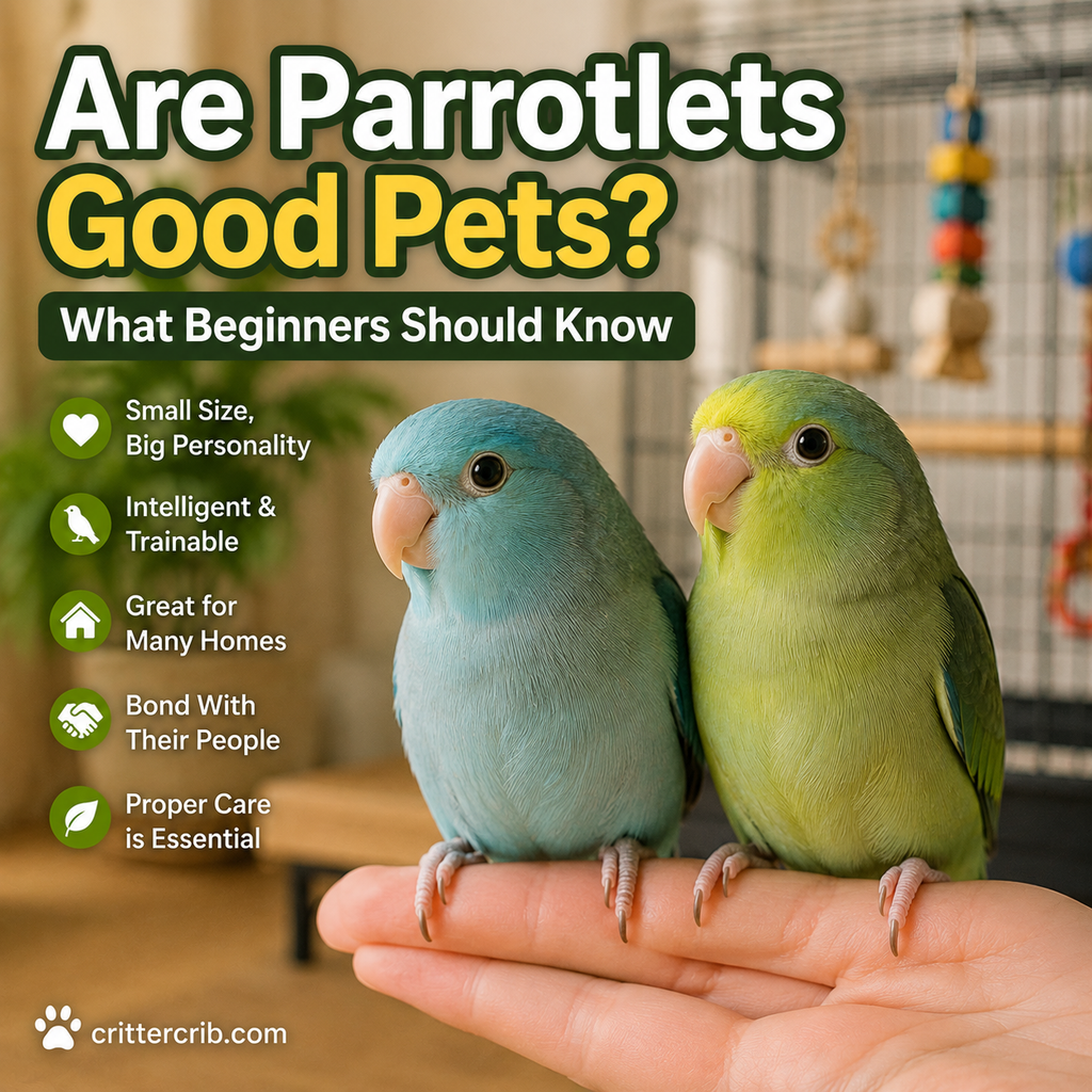 Two pet parrotlets perched calmly on a person's hand