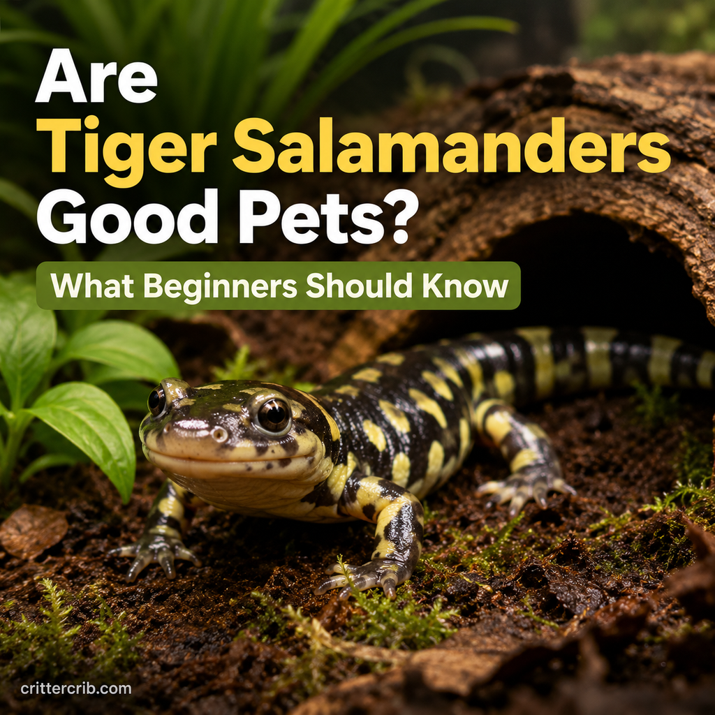 Tiger salamander in a natural terrarium with moist soil, moss, plants, and a hiding place