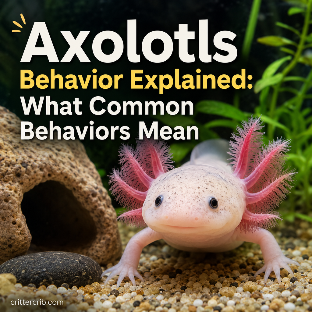 Axolotl in an aquarium for a guide explaining common axolotl behaviors