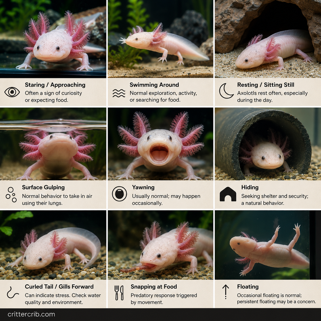 Common axolotl behaviors including swimming, hiding, floating, yawning, resting, and feeding