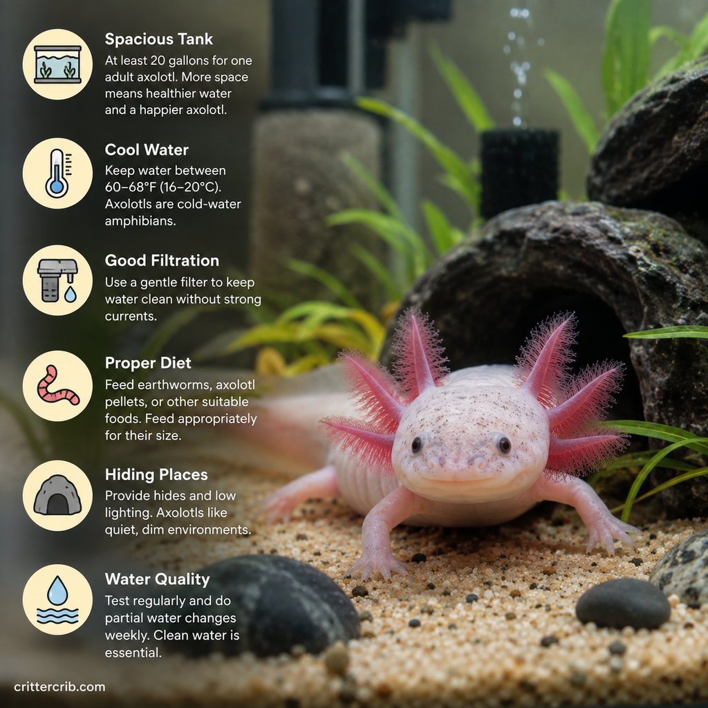 Axolotl care requirements for beginners including tank size, cool water, filtration, diet, hiding places, and water quality