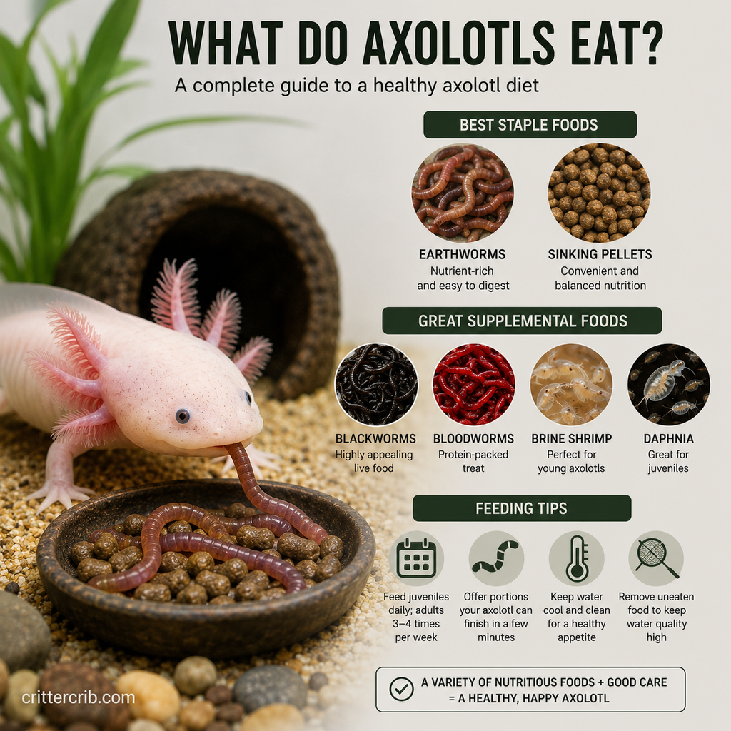Axolotl feeding guide showing earthworms, sinking pellets, blackworms, bloodworms, brine shrimp, and daphnia