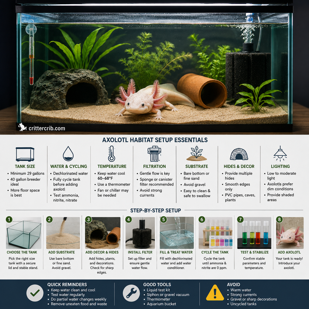 Axolotl habitat setup showing tank size, cycling, temperature, filtration, substrate, hides, and lighting