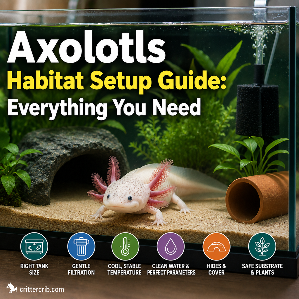 Axolotl habitat setup with gentle filtration, cool water, safe substrate, plants, and hiding places