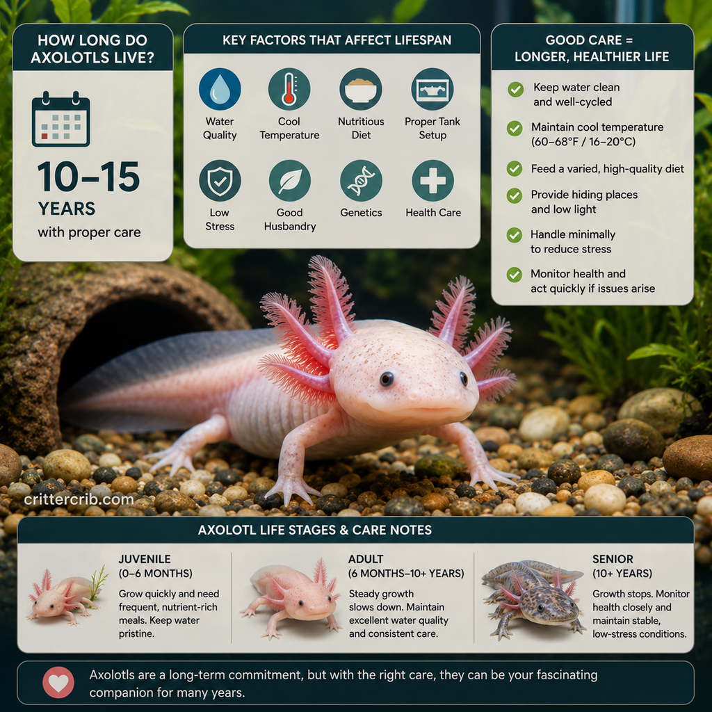 Axolotl lifespan guide showing water quality, temperature, diet, tank setup, stress, genetics, and health care factors