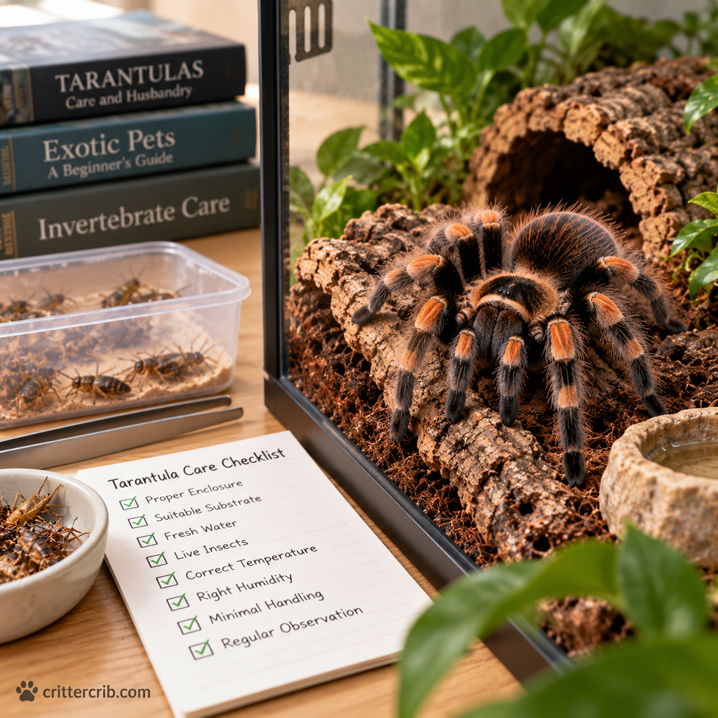Pet tarantula in a natural enclosure with basic care supplies for beginner keepers