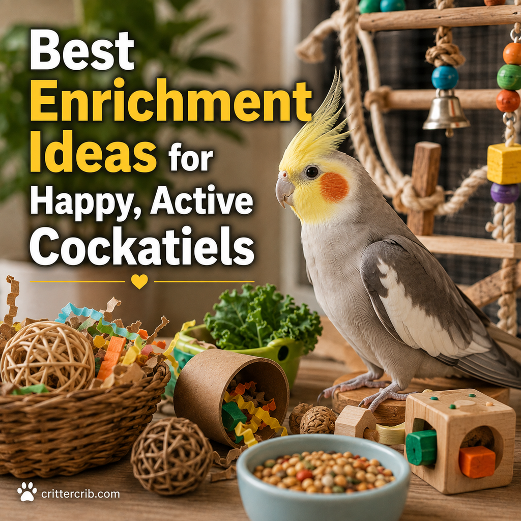 Cockatiel with foraging toys, shredding materials, healthy food, and climbing activities