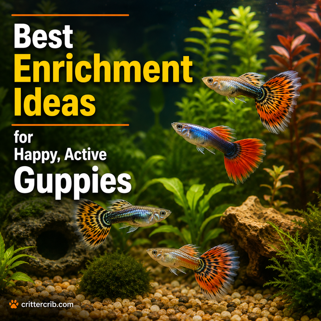 Colorful guppies swimming among live plants, rocks, and hiding places in an enriched aquarium