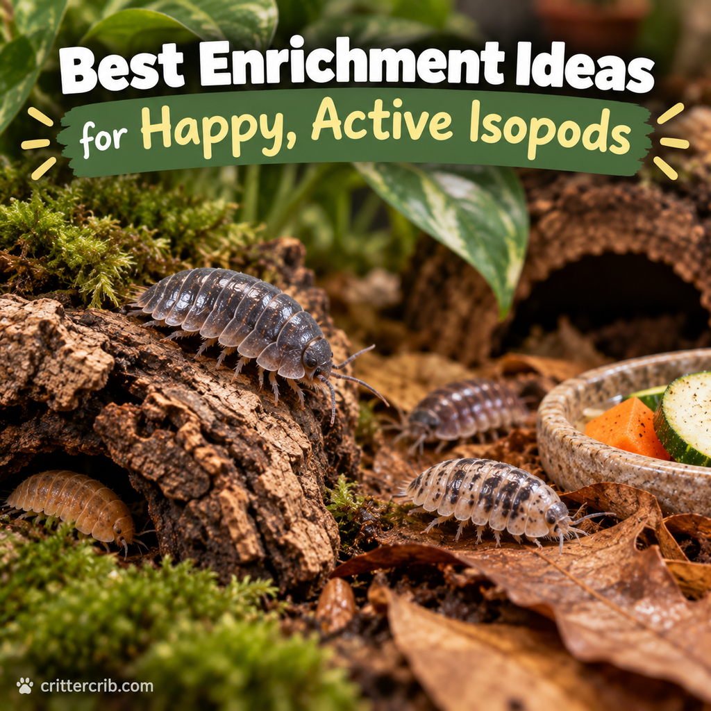 Isopods exploring cork bark, moss, leaf litter, and natural enrichment in a terrarium.