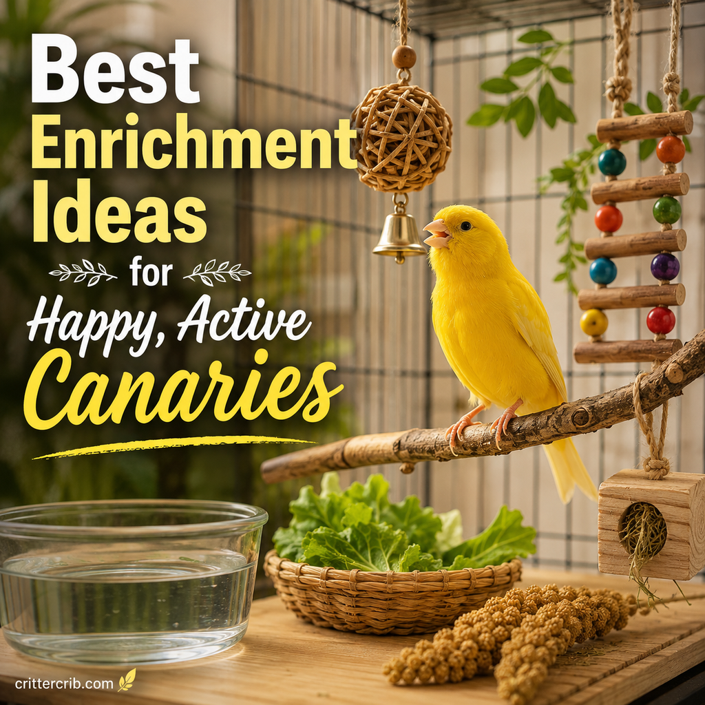 Yellow canary in an enriched habitat with natural perches, climbing toys, fresh greens, millet, and a bird bath.