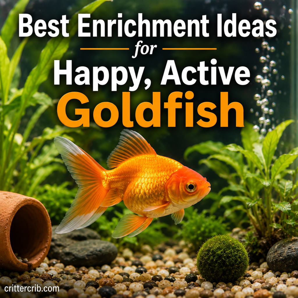 Happy active goldfish swimming in an enriched aquarium with plants, hiding places, and natural features