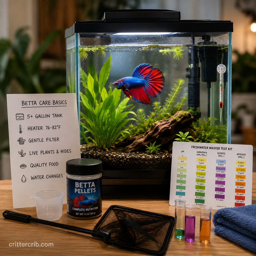 Betta fish in a planted aquarium with heater, filter, food, and water testing supplies for proper beginner care.
