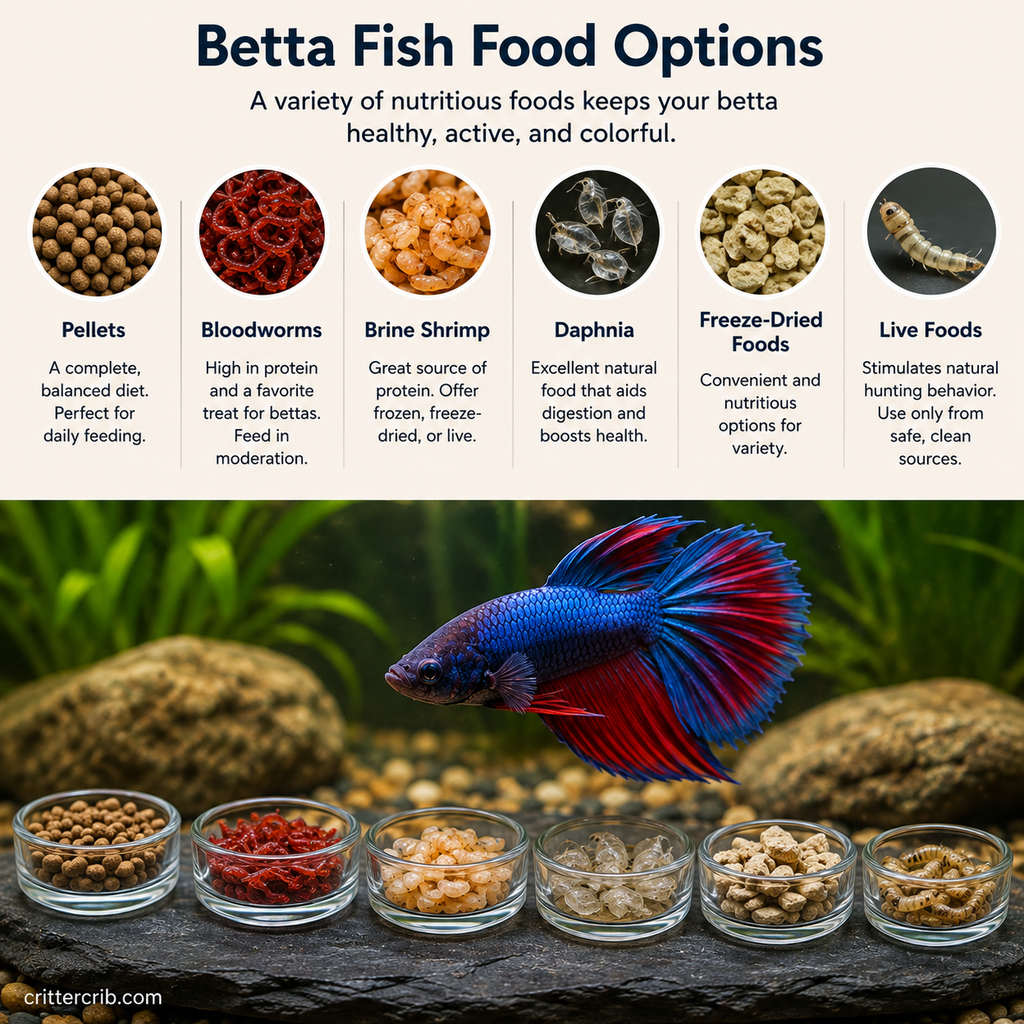 Betta fish with pellets, bloodworms, brine shrimp, daphnia, freeze-dried food, and live food options