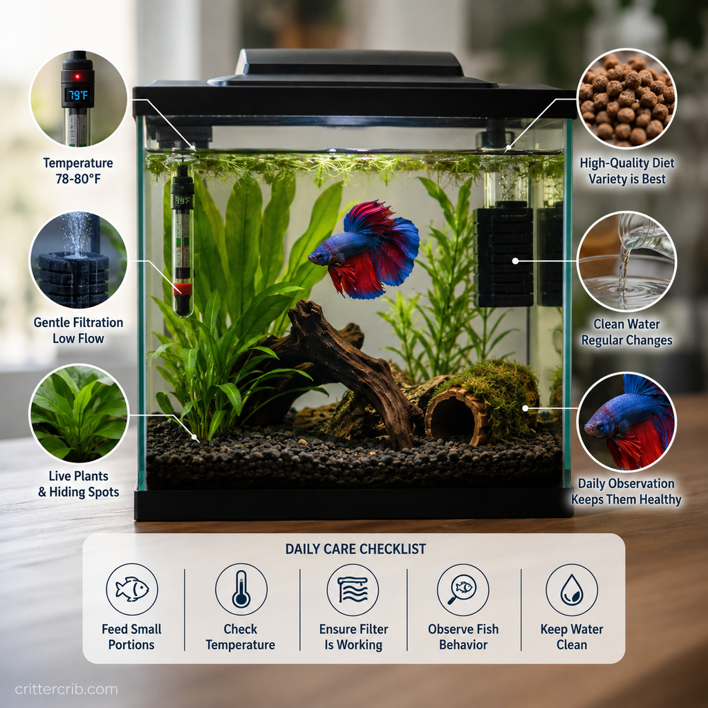 Betta fish habitat with heater, gentle filtration, live plants, hiding spots, and daily care essentials