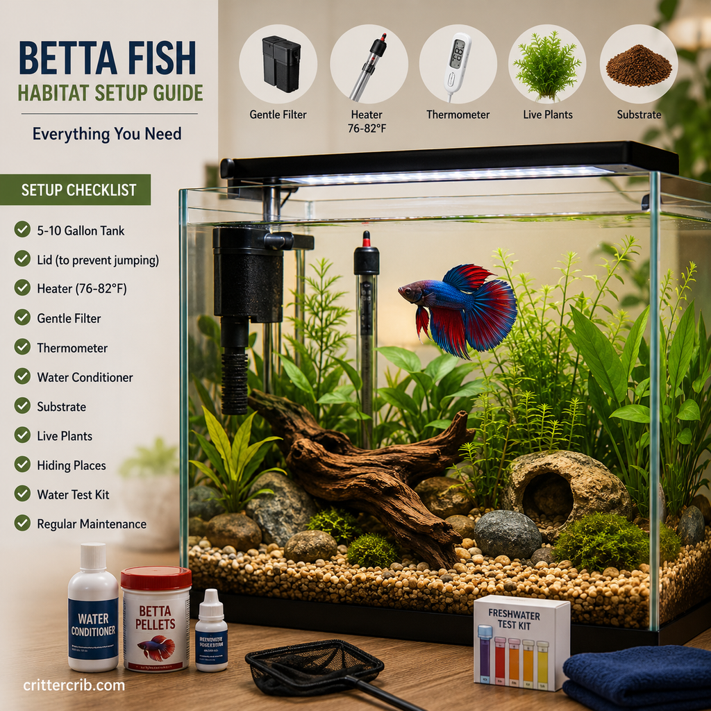 Betta fish habitat setup with aquarium heater, gentle filter, live plants, substrate, hiding places, and water care supplies