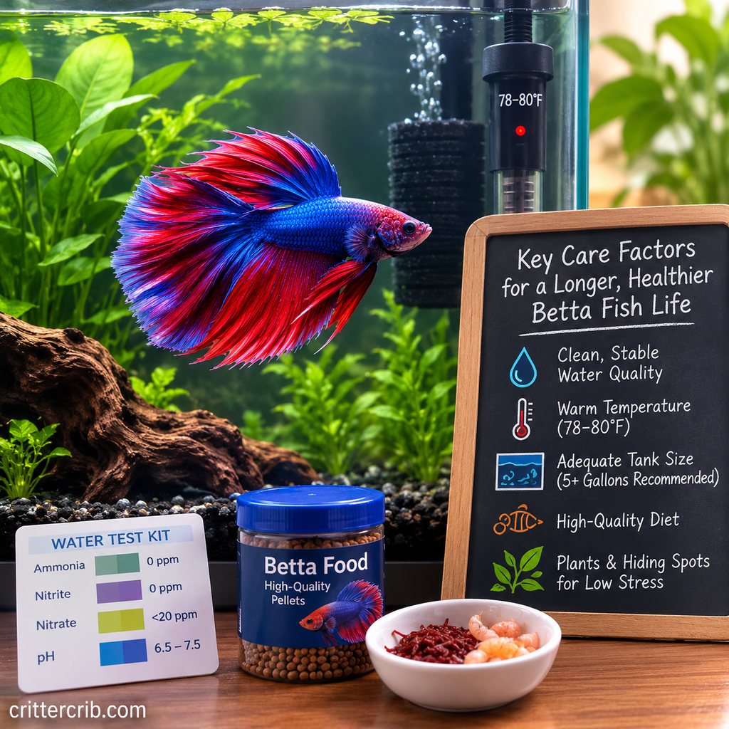Betta fish in a planted aquarium with water quality, temperature, tank size, diet, and care essentials