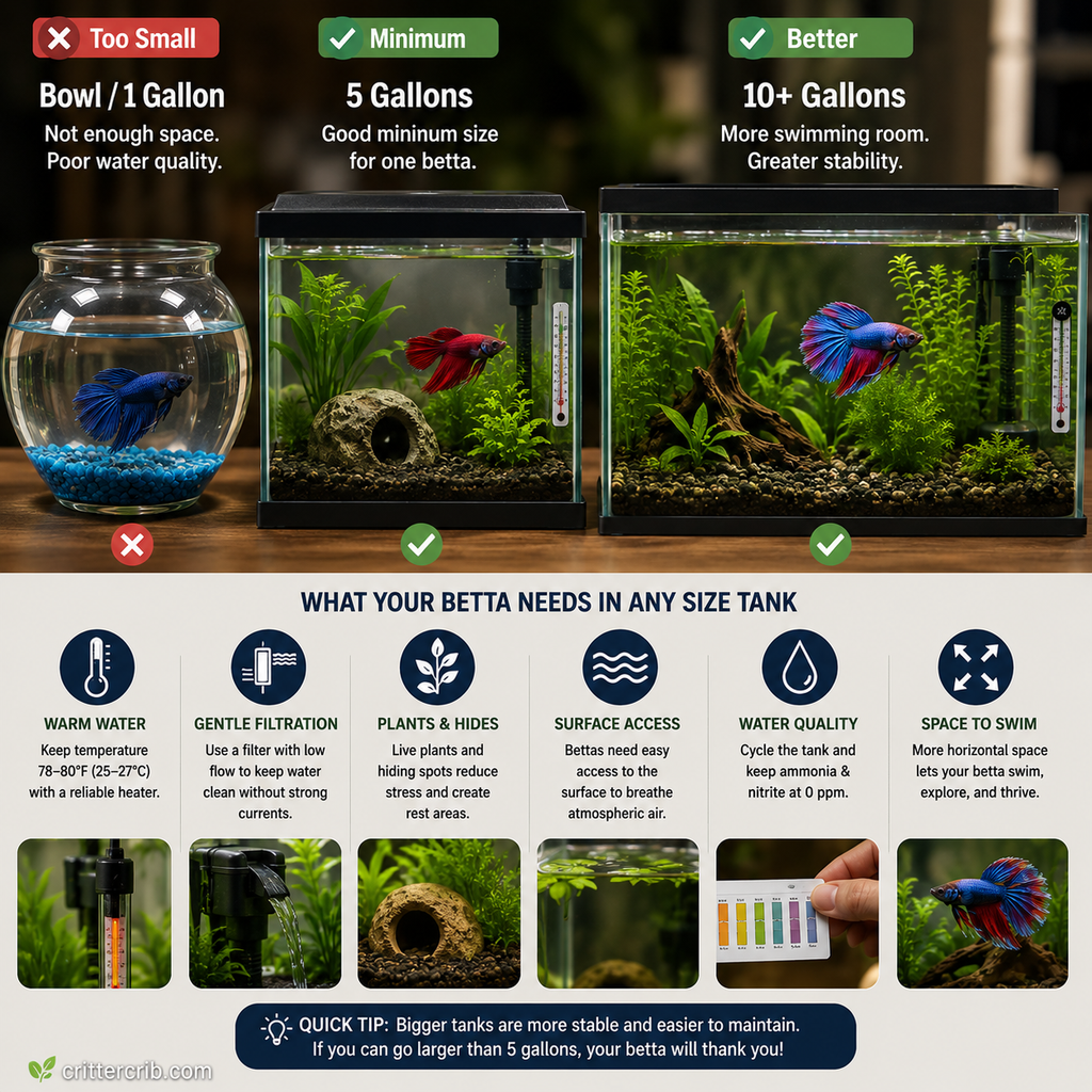 Betta fish tank size comparison showing a small bowl, 5-gallon aquarium, and larger 10-gallon tank