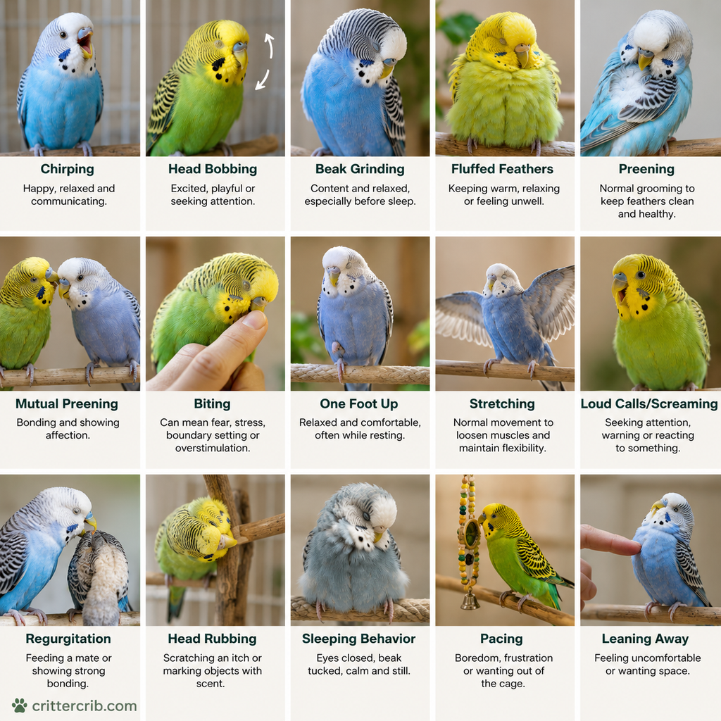 Common budgie behaviors including chirping, head bobbing, preening, fluffing, stretching, biting, and resting