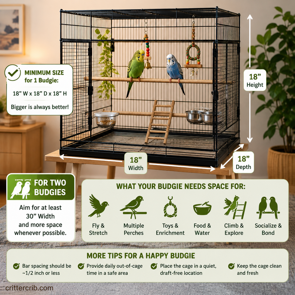 Budgie cage size guide showing recommended space, cage dimensions, perches, toys, and room for two budgies.