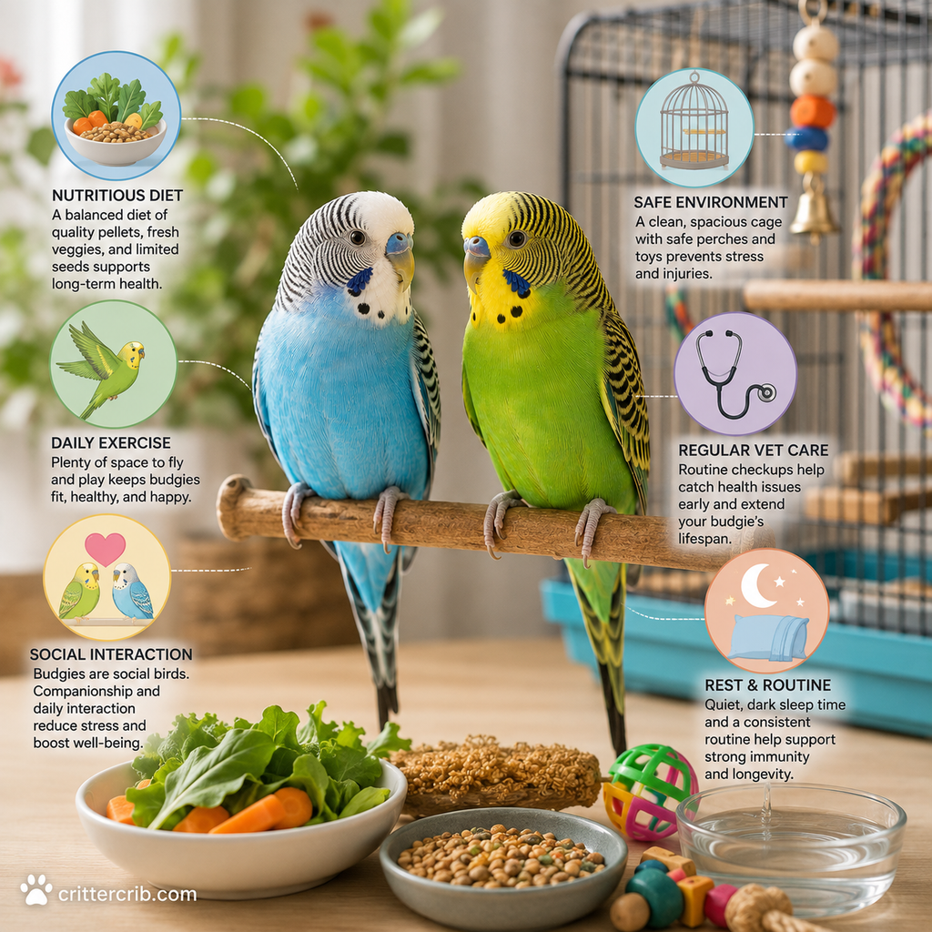 Two budgies with healthy food, toys, a spacious cage, and other essentials that support a long healthy life