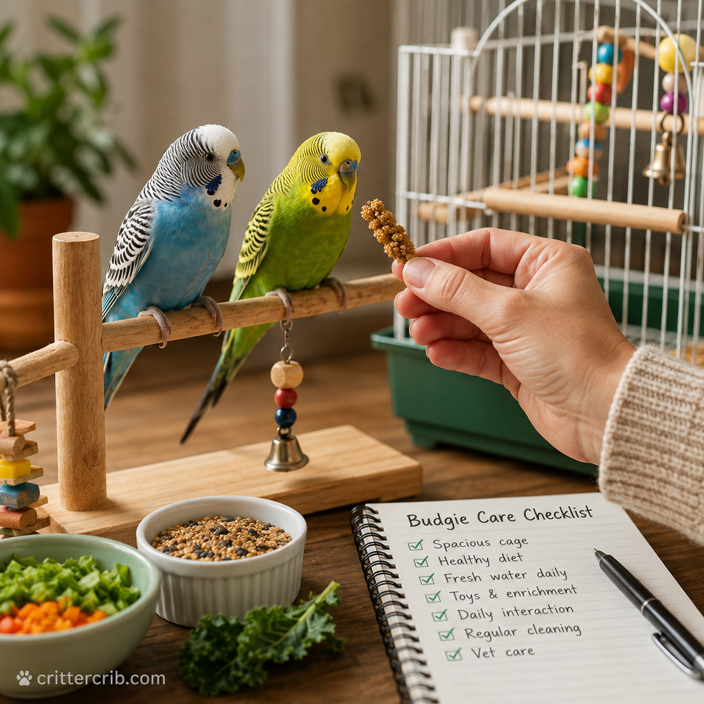 Two pet budgies interacting with their owner beside food, toys, and a bird cage