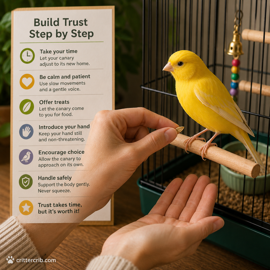 Canary calmly approaching a person's hand for a treat during trust-building