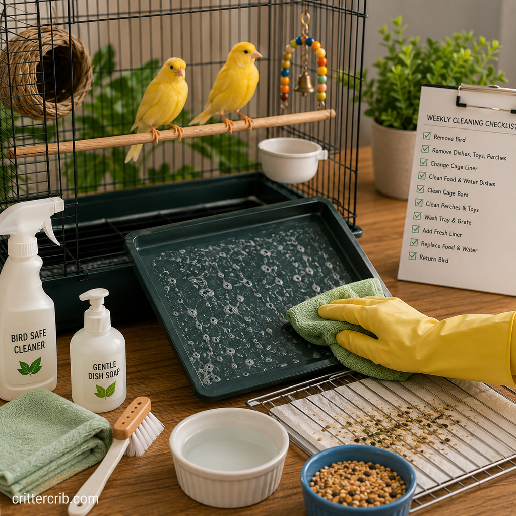 Canary cage tray being cleaned with a cloth alongside fresh liner, food dishes, brushes, and bird-safe cleaning supplies.