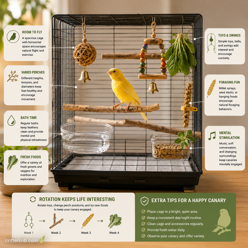 Yellow canary in an enriched cage with varied perches, toys, fresh greens, a bird bath, millet, and foraging activities.