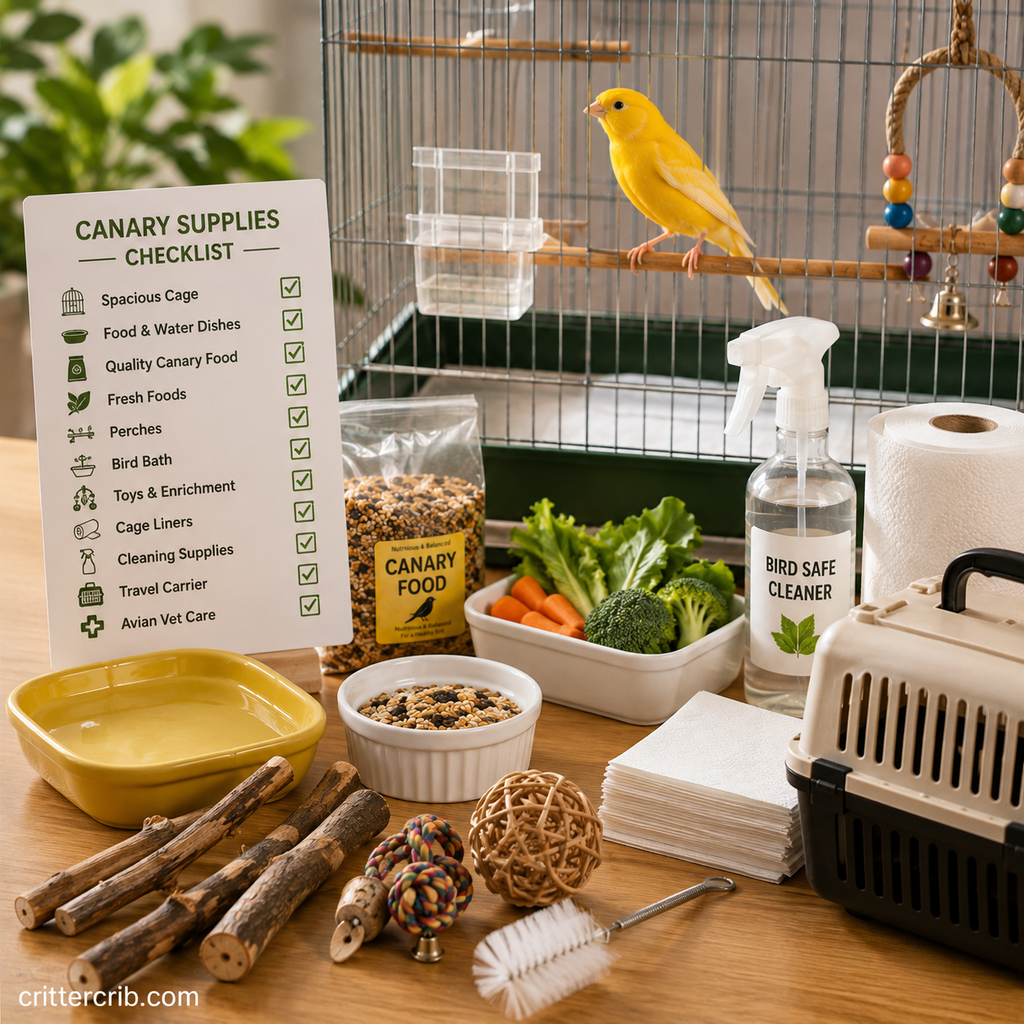 Canary with essential supplies including food, water, bird bath, perches, toys, cage liners, cleaning supplies, and travel carrier.