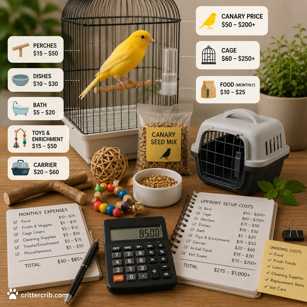 Canary with cage, food, perches, carrier, toys, and estimated ownership costs