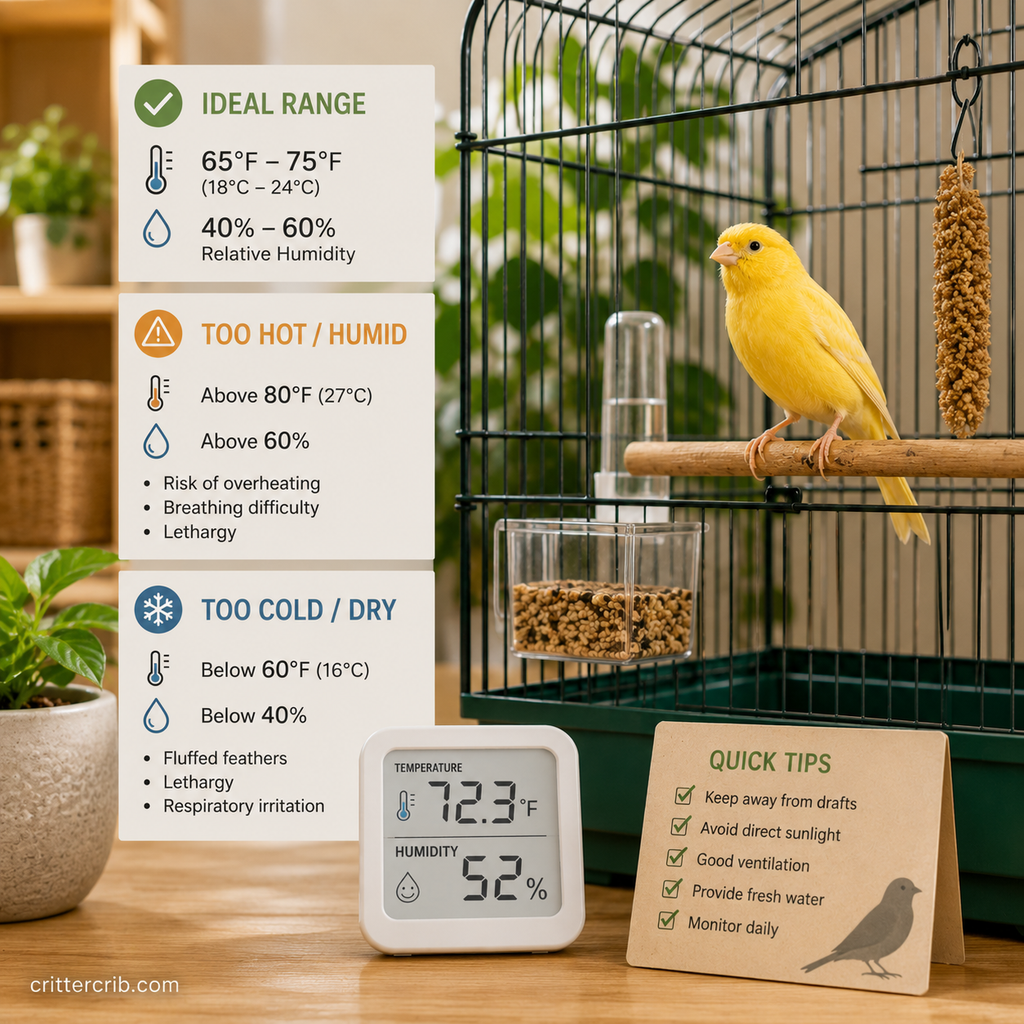 Yellow canary beside a thermometer and hygrometer illustrating comfortable indoor temperature and humidity conditions.