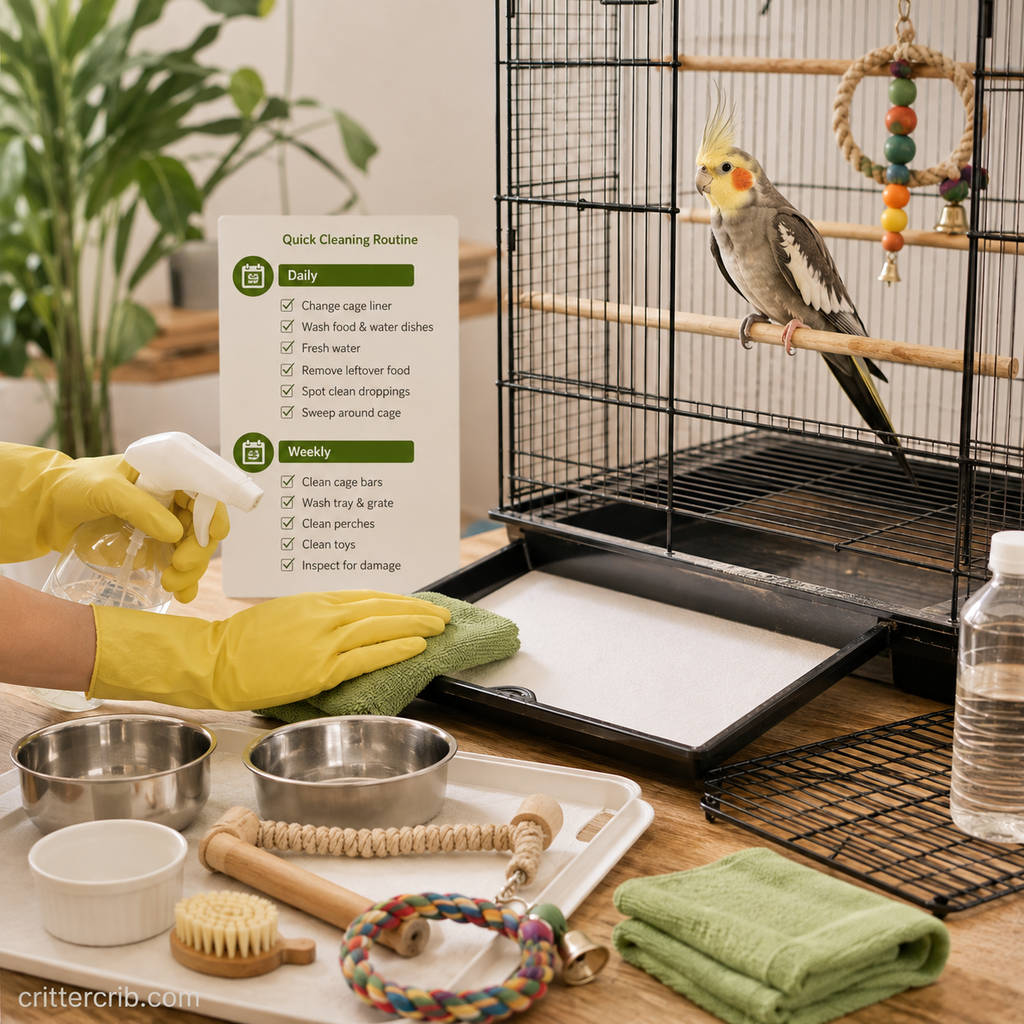 Cockatiel cage being cleaned with fresh liner, food bowls, perches, toys, and bird-safe cleaning supplies.