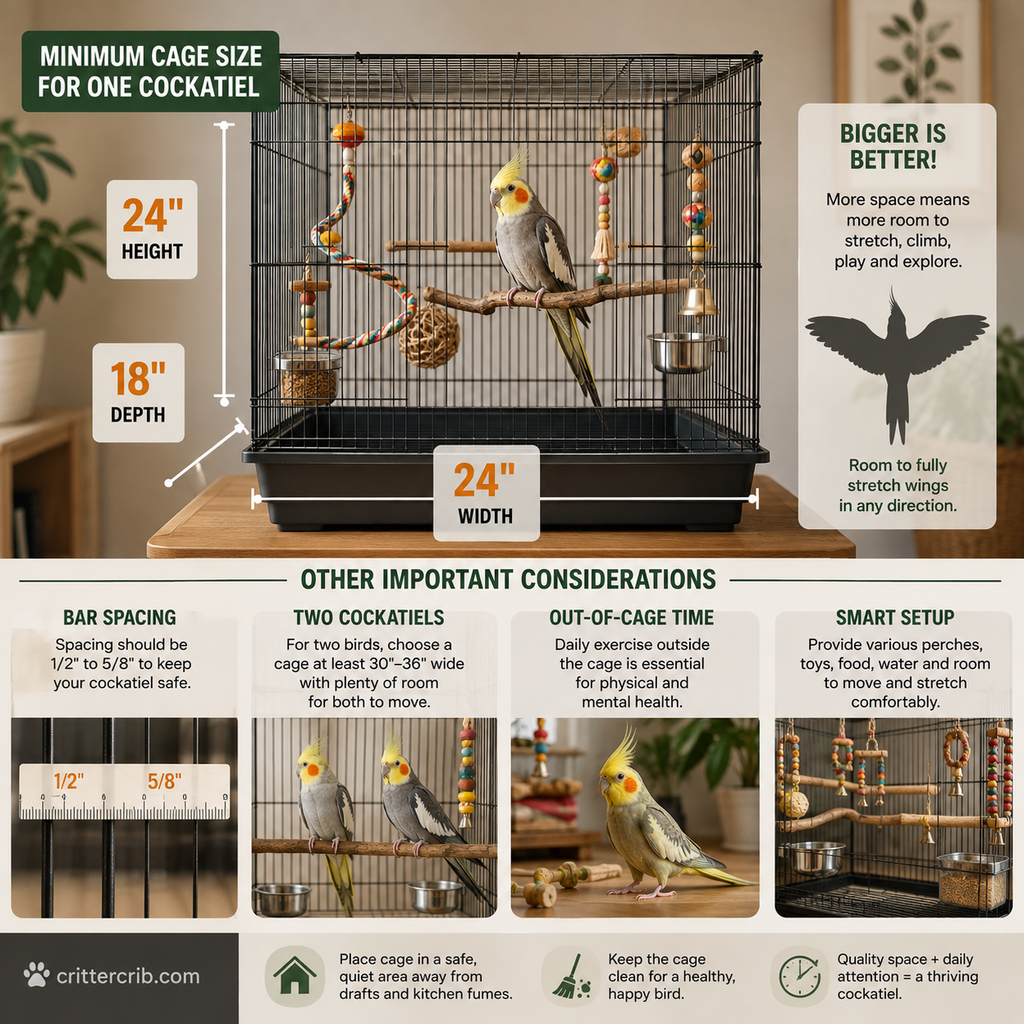 Cockatiel cage size guide showing recommended dimensions, bar spacing, perches, toys, and housing space
