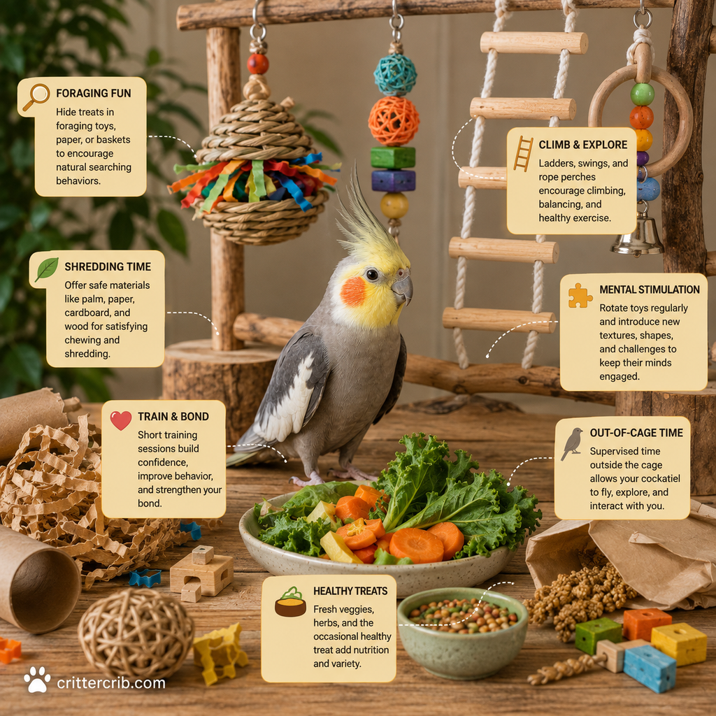 Cockatiel with foraging toys, climbing activities, shredding materials, and healthy treats