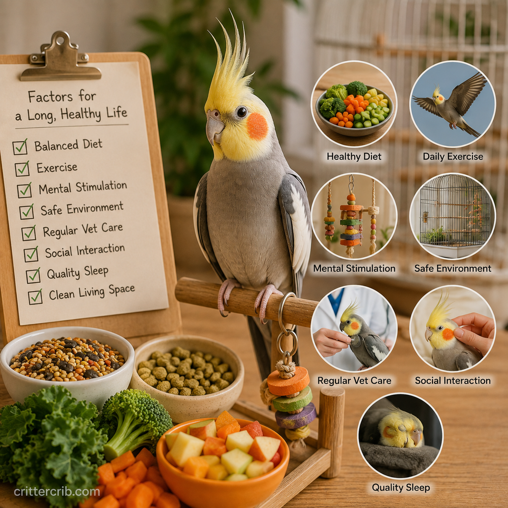 Cockatiel with examples of a healthy diet, exercise, mental stimulation, veterinary care, safe housing, and quality sleep.