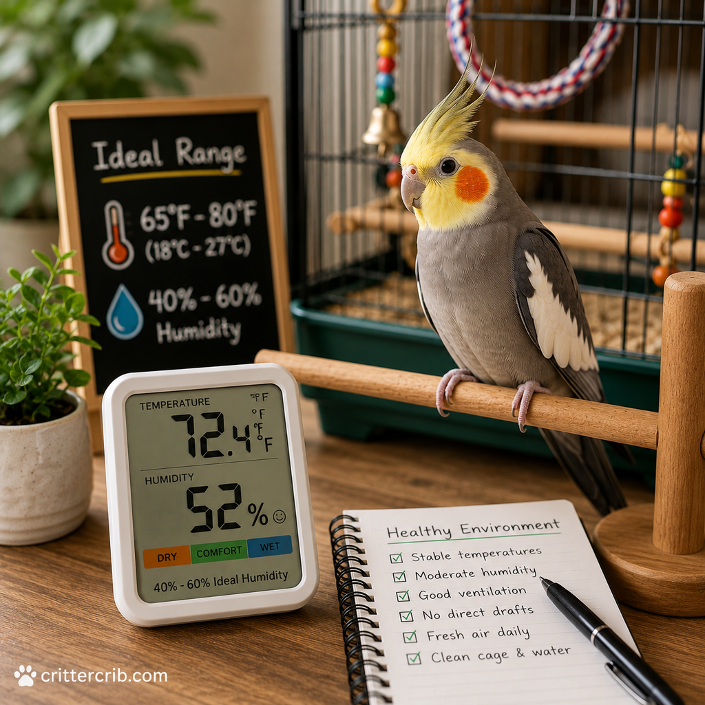 Cockatiel perched beside a digital thermometer and humidity monitor in a comfortable indoor environment