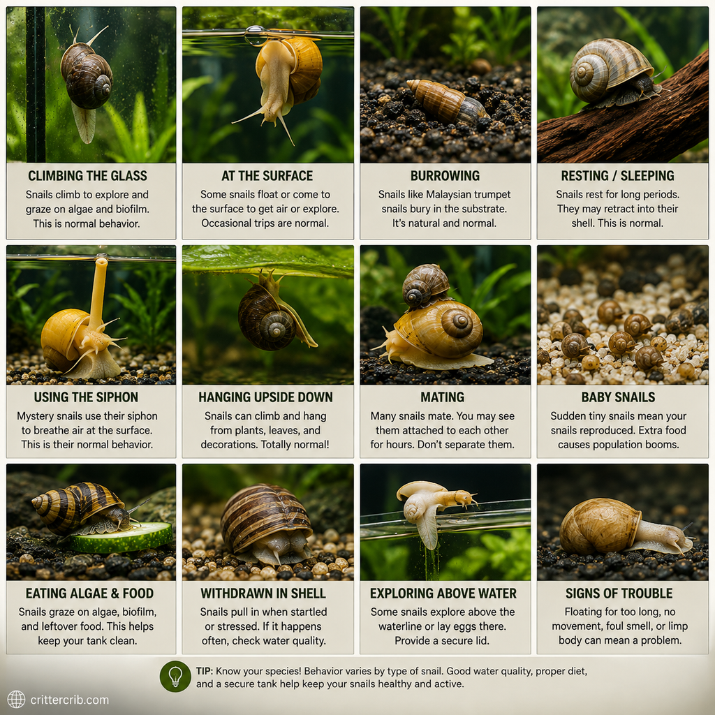 Common aquatic snail behaviors including climbing, floating, burrowing, resting, feeding, mating, and exploring above water