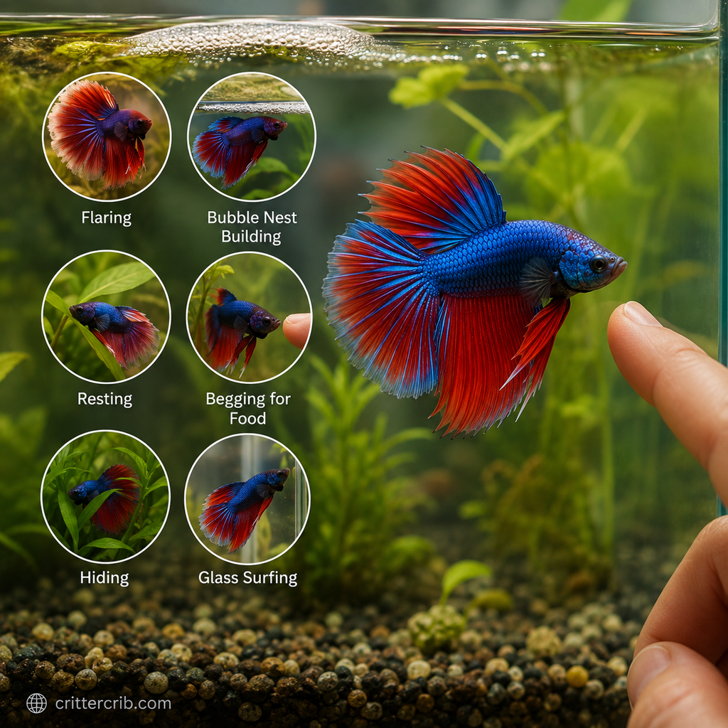 Common betta fish behaviors including flaring, bubble nest building, resting, begging for food, hiding, and glass surfing