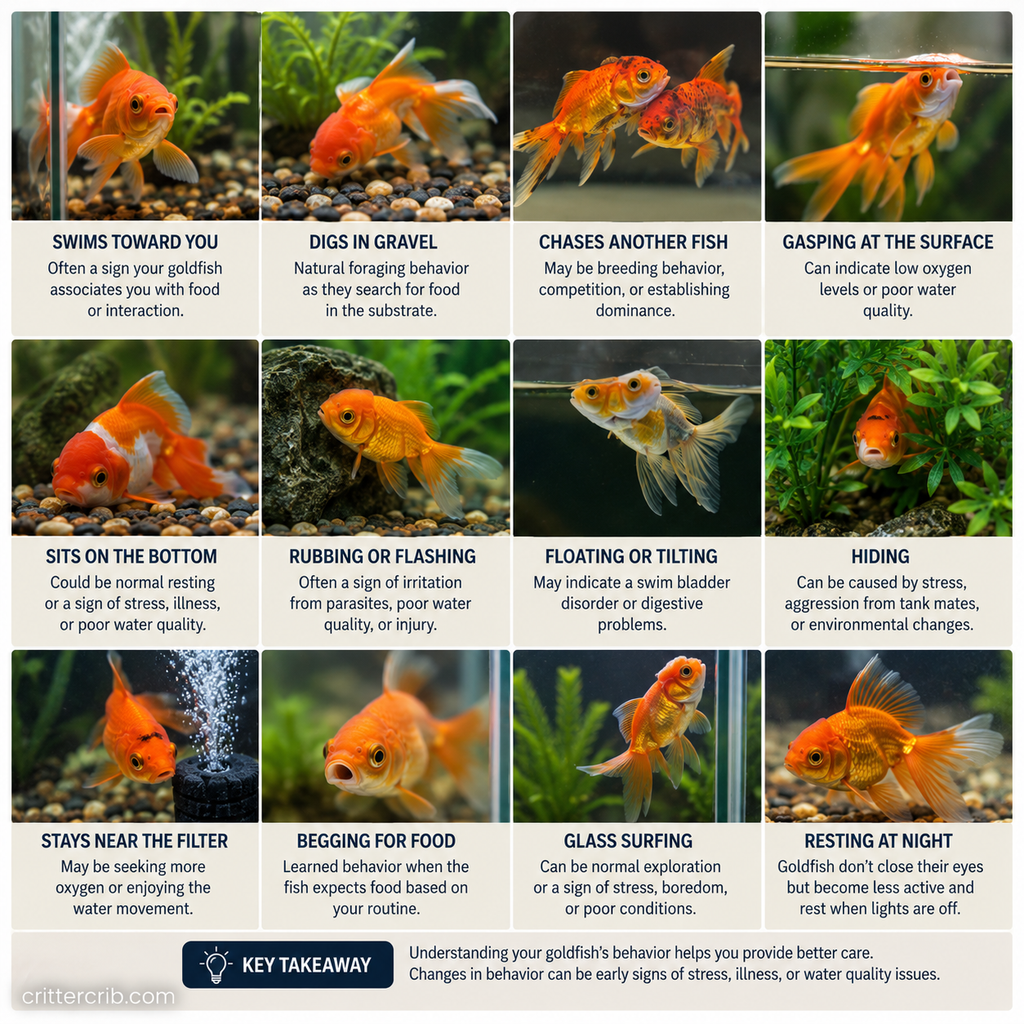 Common goldfish behaviors including foraging, chasing, hiding, glass surfing, resting, and gasping at the surface