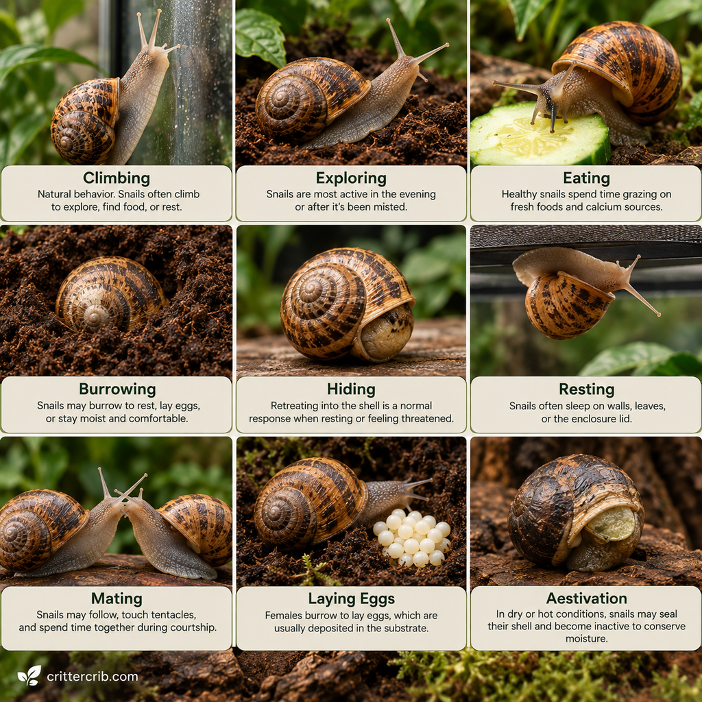 Common land snail behaviors including climbing, exploring, eating, burrowing, hiding, resting, mating, egg laying, and aestivation