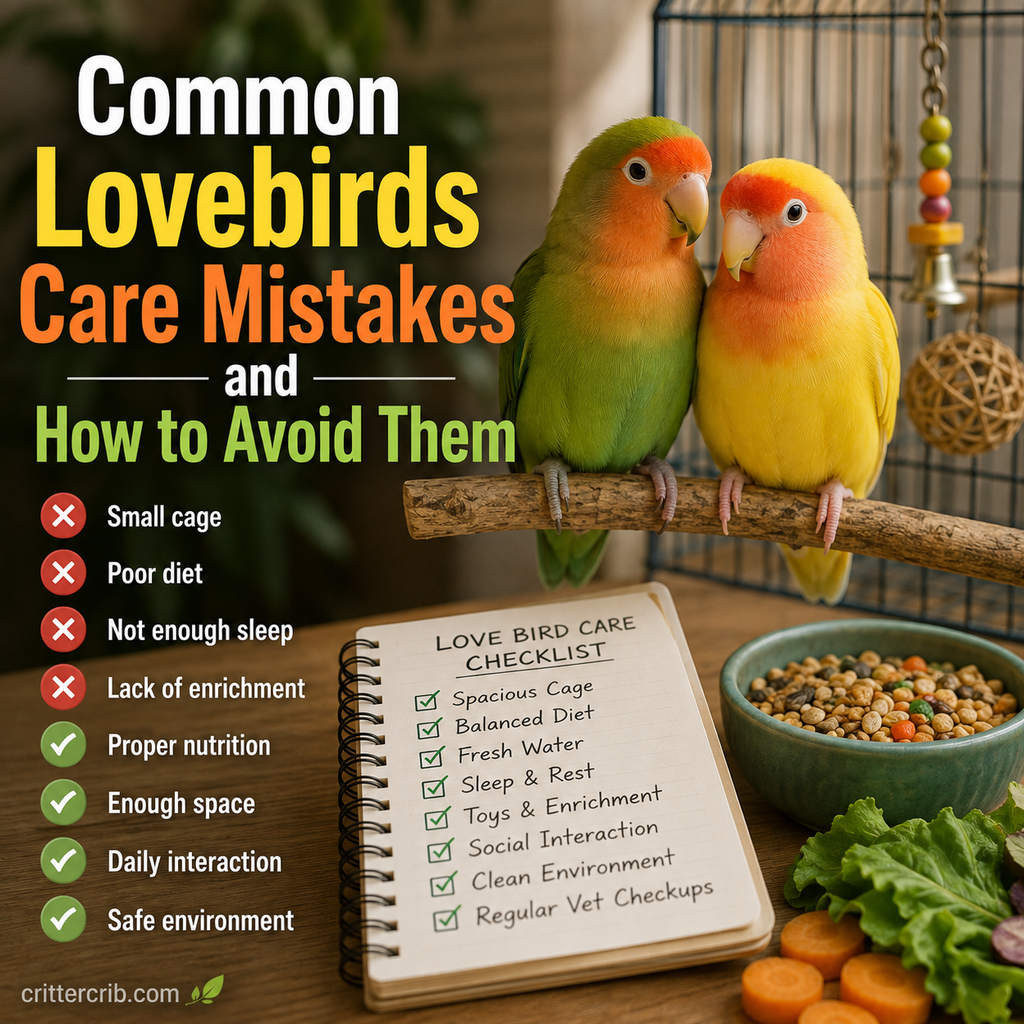 Two lovebirds on a natural perch with a cage, toys, food, and fresh vegetables illustrating common lovebird care mistakes.