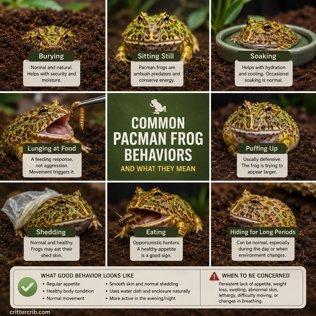 Common Pacman frog behaviors including burrowing, soaking, feeding, puffing up, shedding, and hiding