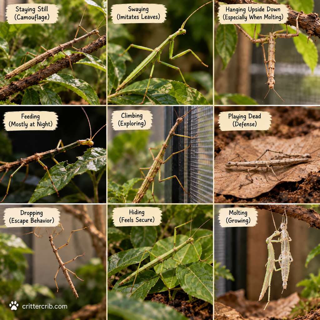 Common stick insect behaviors including camouflage, swaying, hanging, feeding, climbing, hiding, and molting
