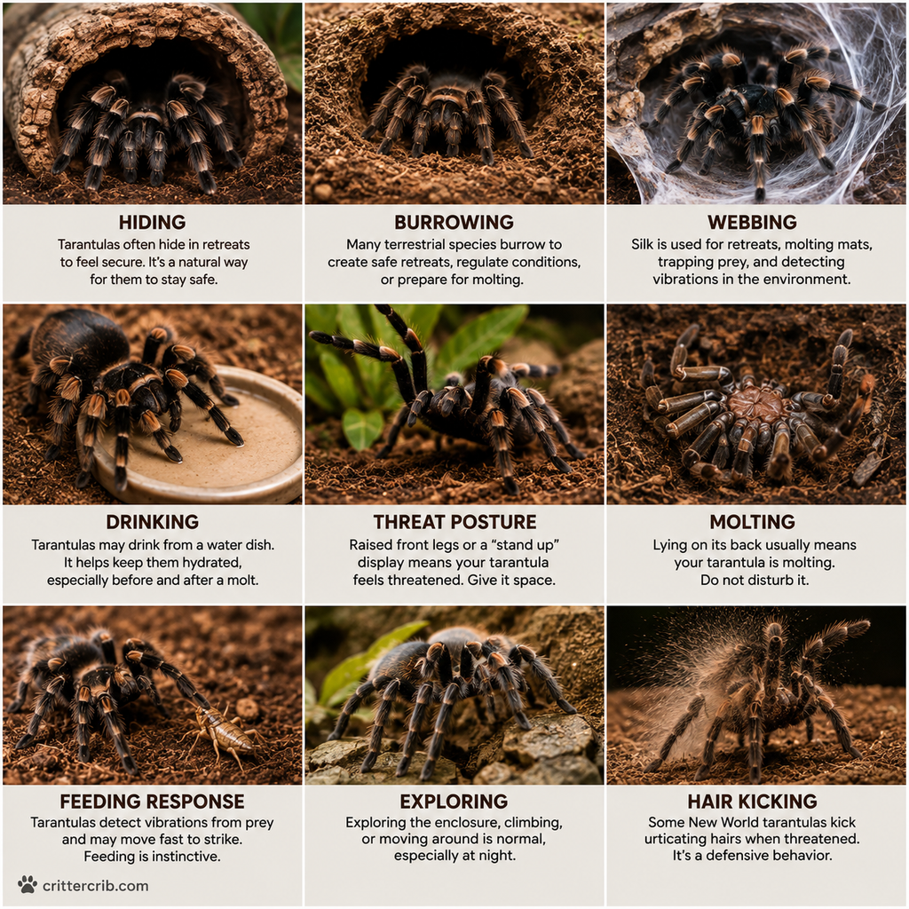 Common tarantula behaviors including hiding, burrowing, webbing, drinking, molting, feeding, exploring, threat posture, and hair kicking