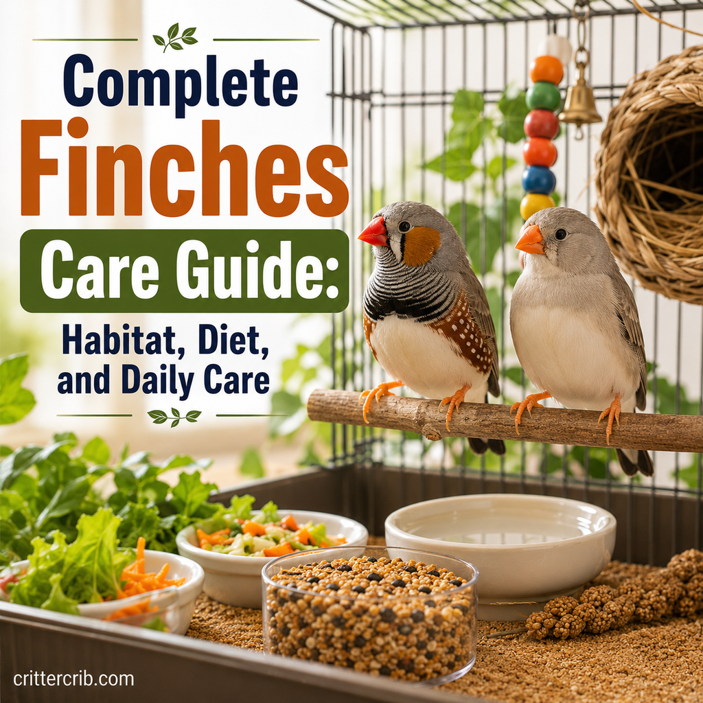 Two finches perched in a spacious cage with fresh food, water, natural perches, and enrichment.