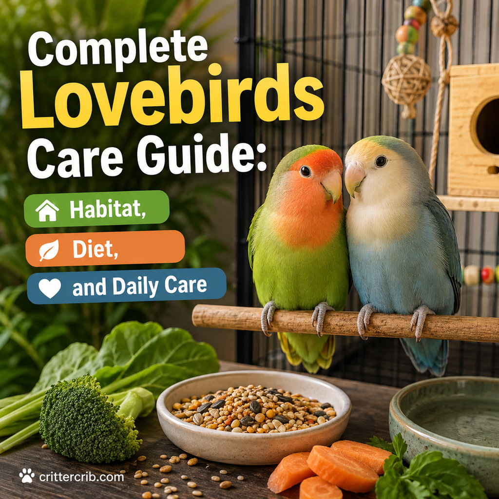 Two lovebirds perched together with a cage, fresh vegetables, seeds, water, and bird-care supplies