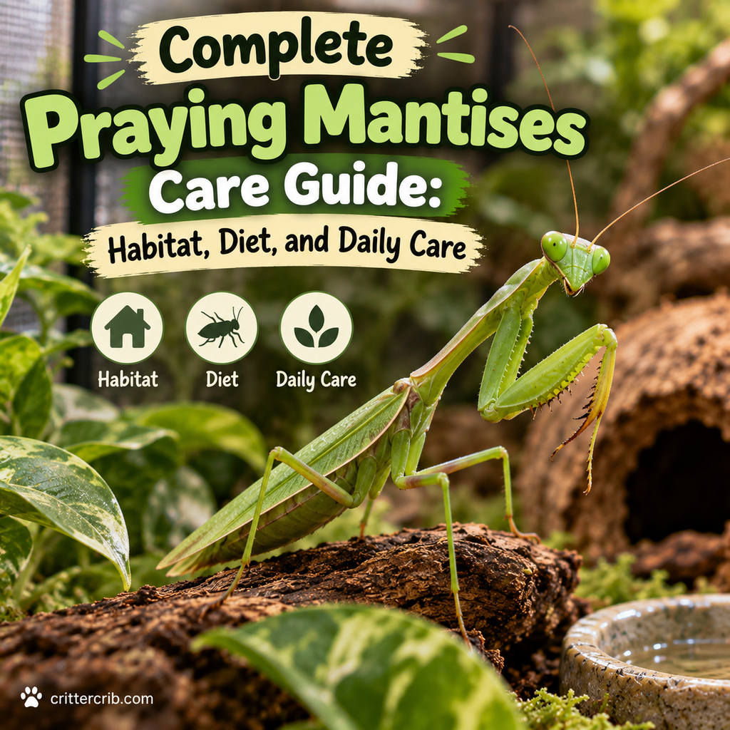 Praying mantis in a natural terrarium illustrating proper habitat, diet, and daily care
