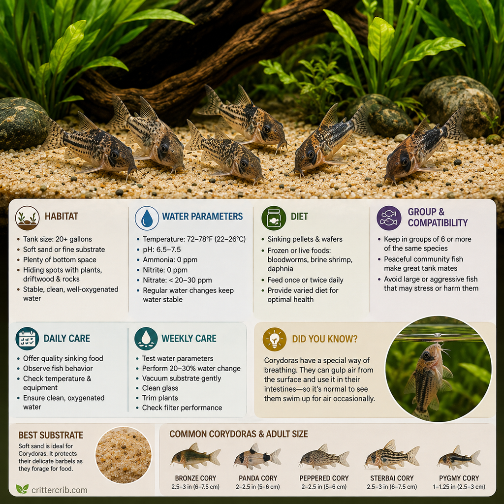 Corydoras care guide showing habitat, water parameters, diet, group size, substrate, and daily aquarium care