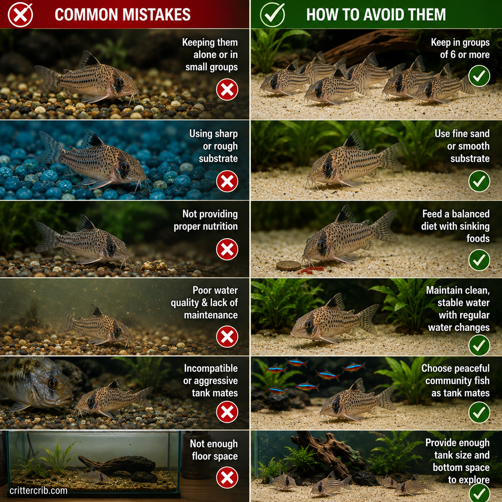 Corydoras care mistakes compared with proper schooling, smooth substrate, feeding, clean water, and peaceful tank mates