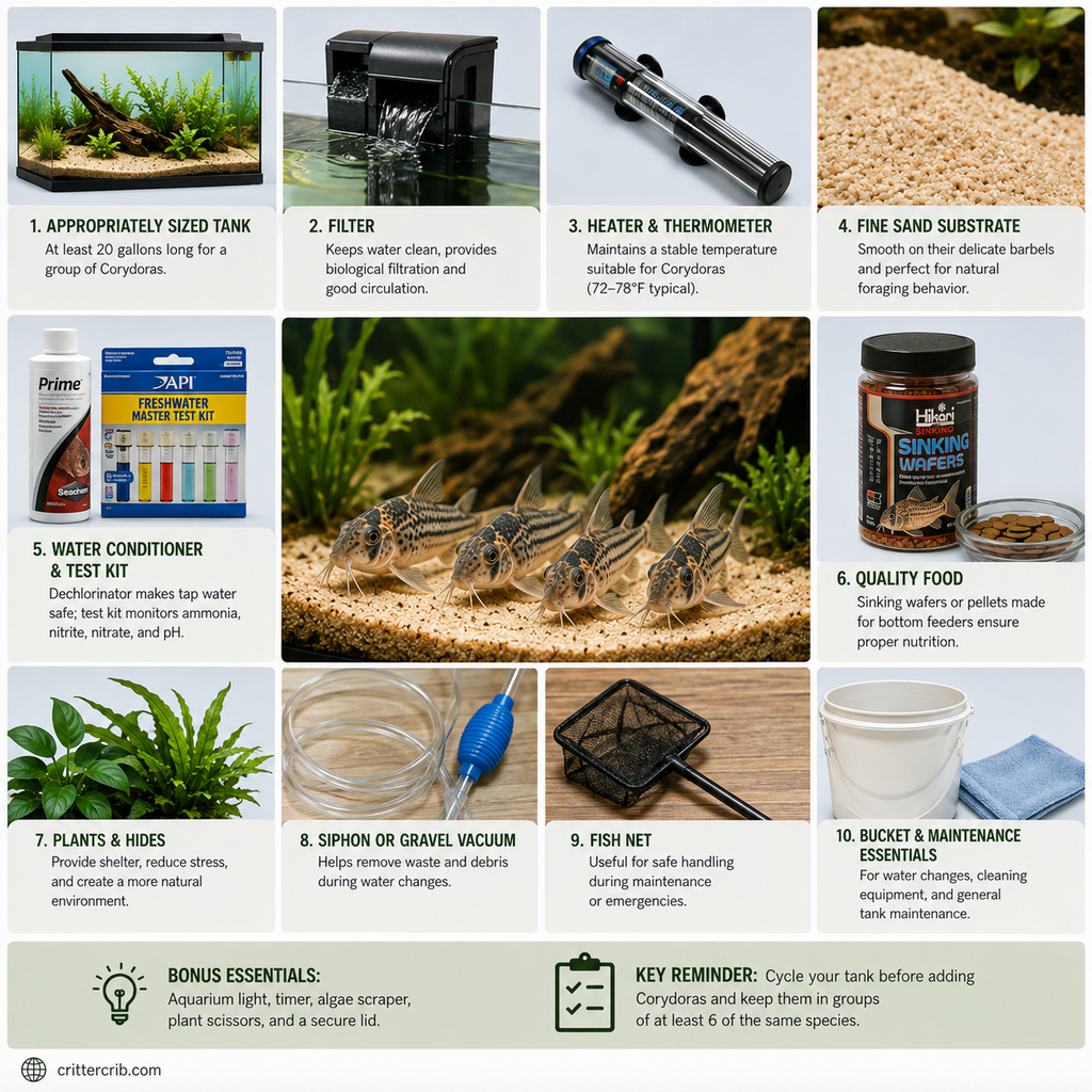 Corydoras essential supplies checklist with tank, filter, heater, sand, water test kit, food, plants, siphon, and maintenance tools